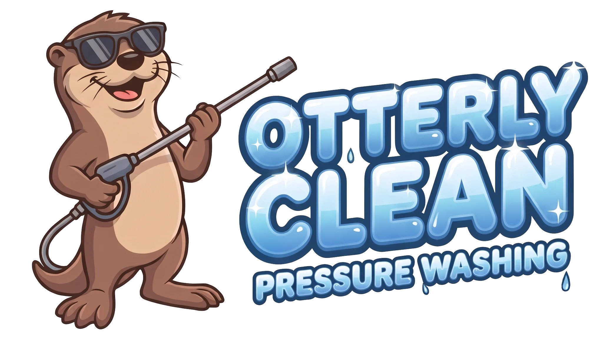 Otterly Clean mascot — a smiling otter in sunglasses with a pressure washer wand beside glossy blue bubble lettering
